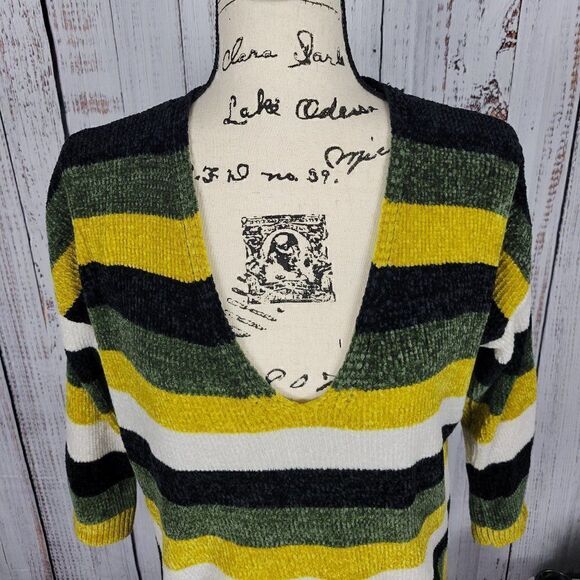 Express Black Green Yellow & White Striped Small Soft Knit Cozy V-Neck Sweater - Picture 3 of 8